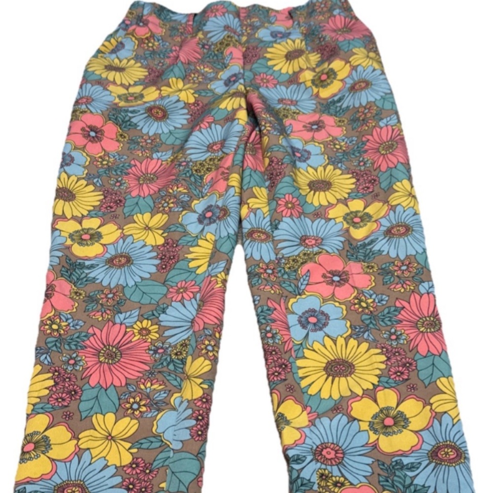 Woman’s Floral Print Pajama Pants - Brown with Yellow, Blue & Pink Flowers
